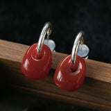 Oval Natural Red Agate And White Agate C-Shaped Earrings