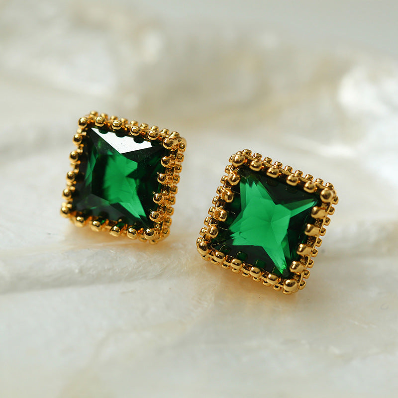 Retro Square Red and Green Zircon Earrings