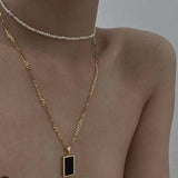 Rectangular Black Onyx Pendant Layering Necklace