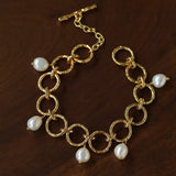 Vintage hammered circle link freshwater pearl bracelet