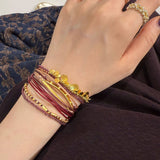 Multi-Strand Boho Woven Cord Natural Stone Coin Bracelet