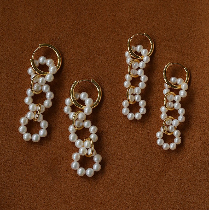 Small and large interlocking freshwater pearl hoop drop earrings
