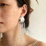 Asymmetric Polished Silver Leaf Long Tassel Earrings