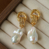 Vintage Lava Textured Double Interlock Ring Pearl Drop Earrings