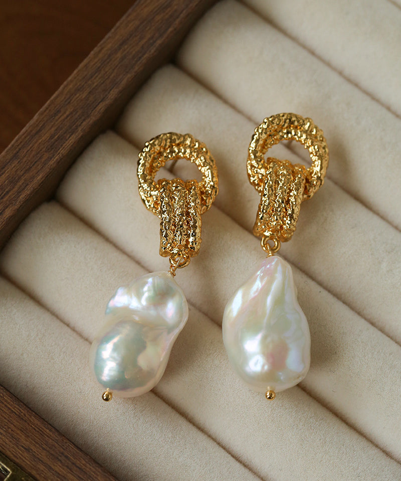 Vintage Lava Textured Double Interlock Ring Pearl Drop Earrings