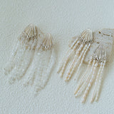 Textured Silver Vertical Stripe Shell Fringe Tassel Drop Earrings