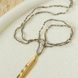 Hand‑Strung Micro‑Bead Hammered Bar Pendant Long Necklace