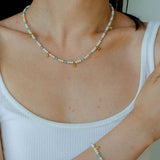 Original Design Freshwater Pearl & Blue Turquoise Tiny Flower Pendant Necklace