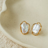 Hollow Lace Frame Baroque Pearl Stud Earrings - Gold