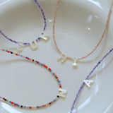 Mother-of-Pearl Initial Colorful Zircon Beaded Necklace