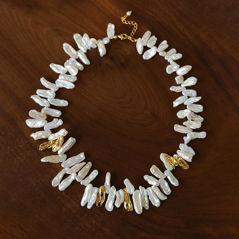 French Statement Petal Baroque Pearl Necklace - Chunky Biwa Stick Pearl Choker