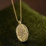 Vintage Floral Relief Geometric Cubic Zirconia Pendant Necklace