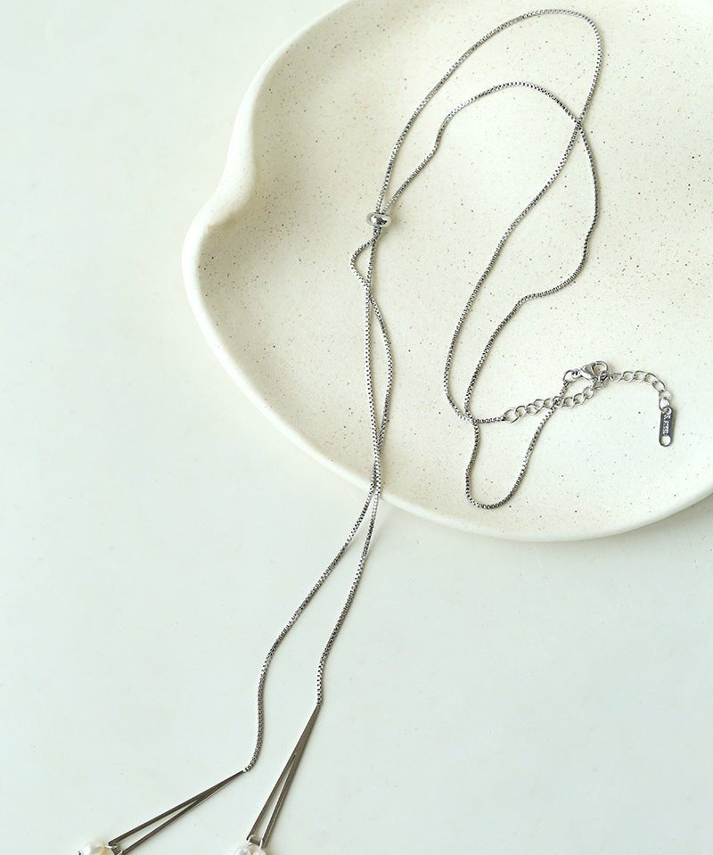 Adjustable Pull-Tab Freshwater Pearl Y-Shape Snake Chain Necklace - floysun