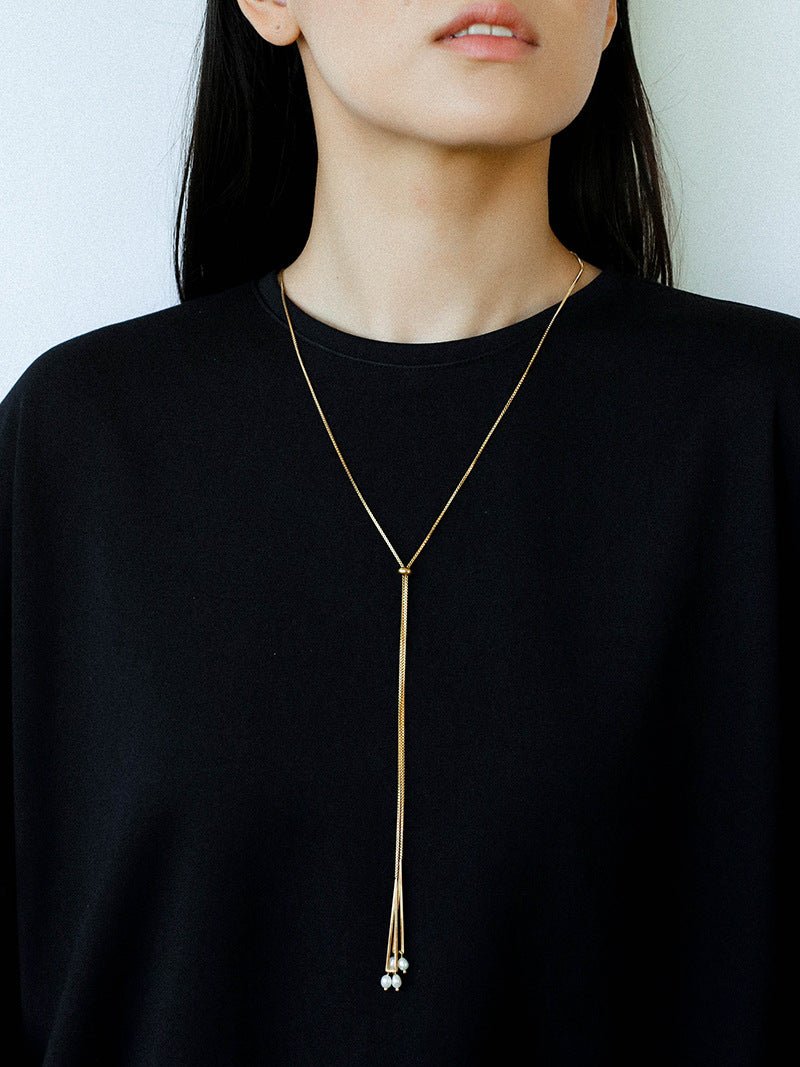 Adjustable Pull-Tab Freshwater Pearl Y-Shape Snake Chain Necklace - floysun