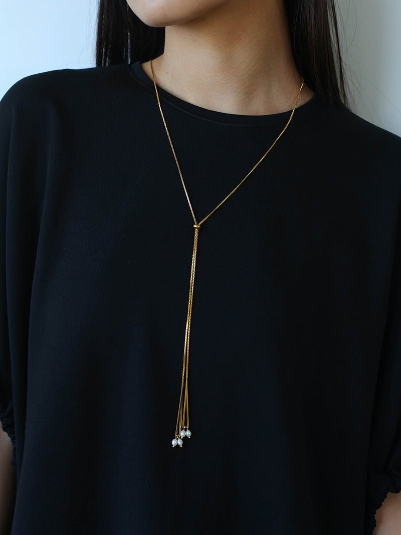 Adjustable Pull-Tab Freshwater Pearl Y-Shape Snake Chain Necklace - floysun