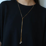 Adjustable Pull-Tab Freshwater Pearl Y-Shape Snake Chain Necklace - floysun
