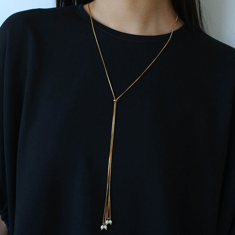 Adjustable Pull-Tab Freshwater Pearl Y-Shape Snake Chain Necklace - floysun