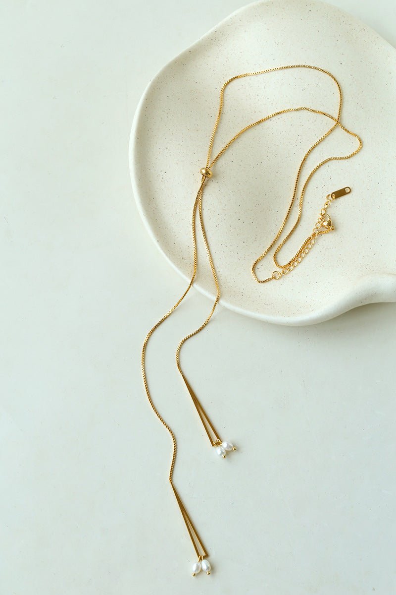 Adjustable Pull-Tab Freshwater Pearl Y-Shape Snake Chain Necklace - floysun