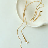Adjustable Pull-Tab Freshwater Pearl Y-Shape Snake Chain Necklace - floysun