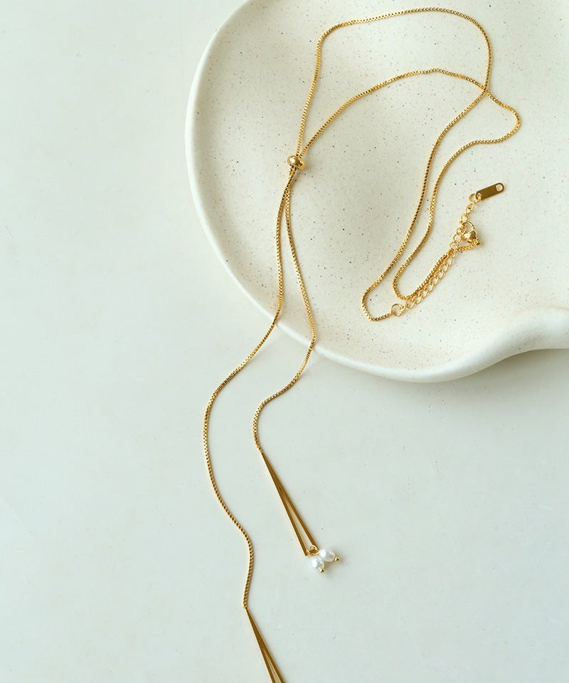 Adjustable Pull-Tab Freshwater Pearl Y-Shape Snake Chain Necklace - floysun