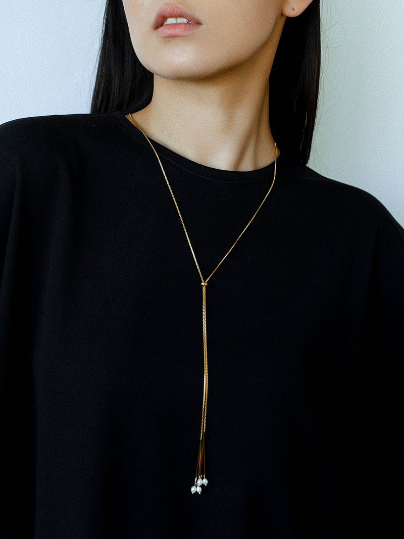 Adjustable Pull-Tab Freshwater Pearl Y-Shape Snake Chain Necklace - floysun