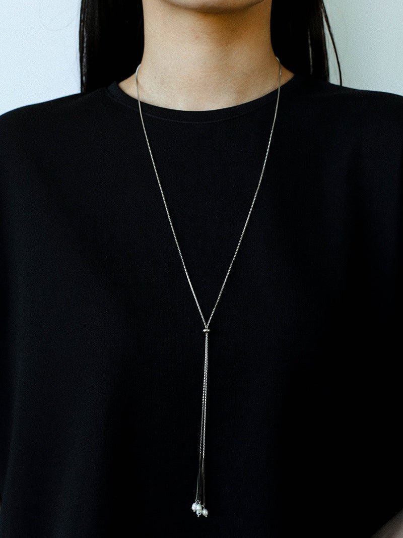 Adjustable Pull-Tab Freshwater Pearl Y-Shape Snake Chain Necklace - floysun