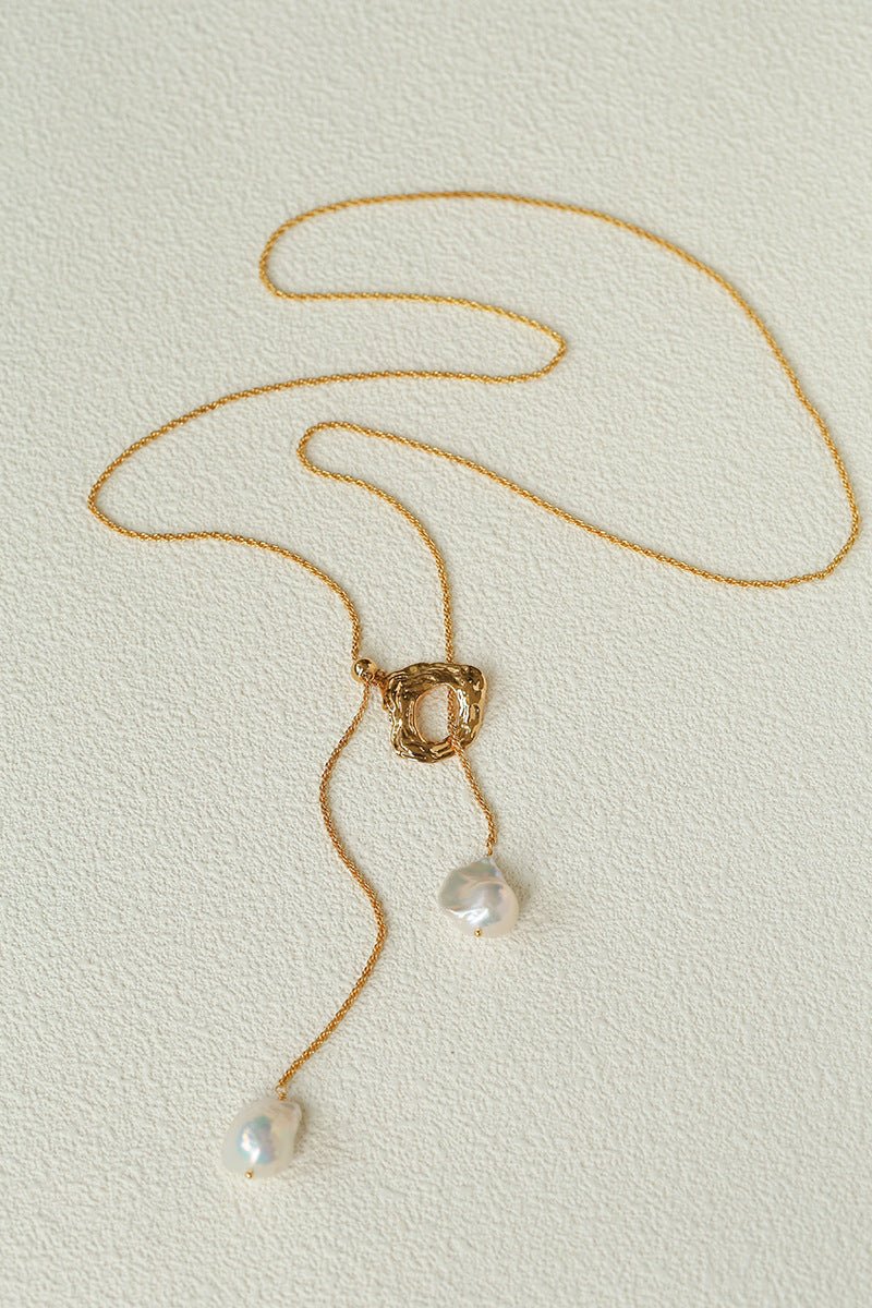 Adjustable Pull Texture Gold Hoop Double Baroque Pearl Y-Lariat Long Necklace - floysun