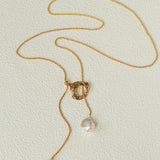 Adjustable Pull Texture Gold Hoop Double Baroque Pearl Y-Lariat Long Necklace - floysun
