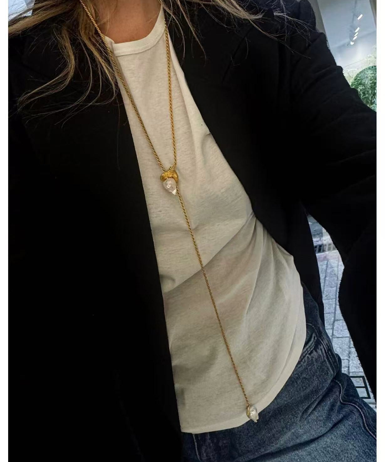 Adjustable Pull Texture Gold Hoop Double Baroque Pearl Y-Lariat Long Necklace - floysun