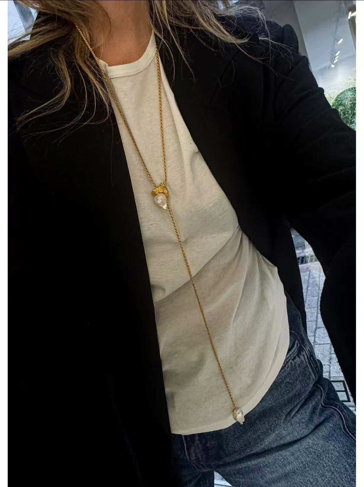 Adjustable Pull Texture Gold Hoop Double Baroque Pearl Y-Lariat Long Necklace - floysun