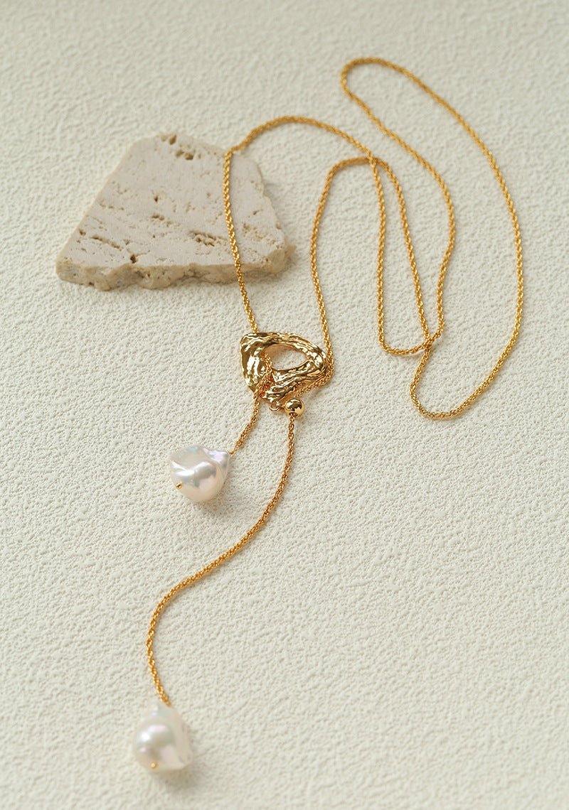 Adjustable Pull Texture Gold Hoop Double Baroque Pearl Y-Lariat Long Necklace - floysun