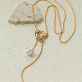 Adjustable Pull Texture Gold Hoop Double Baroque Pearl Y-Lariat Long Necklace - floysun