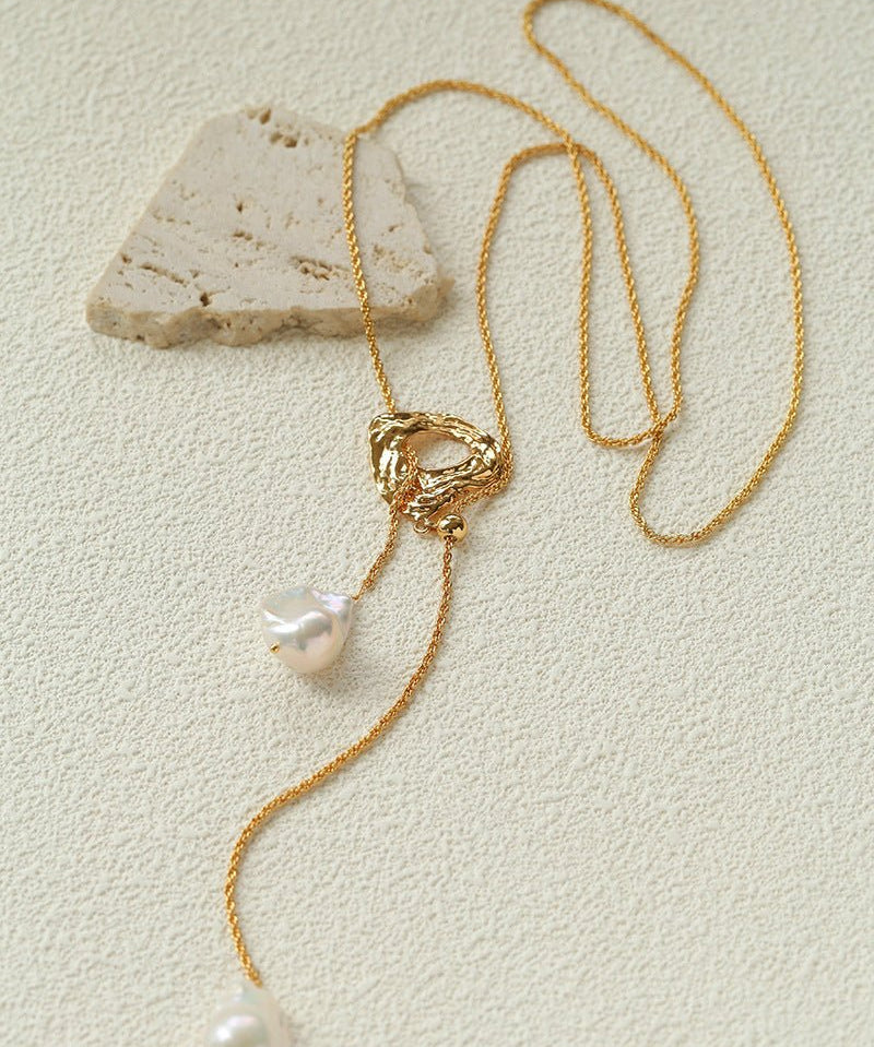 Adjustable Pull Texture Gold Hoop Double Baroque Pearl Y-Lariat Long Necklace - floysun