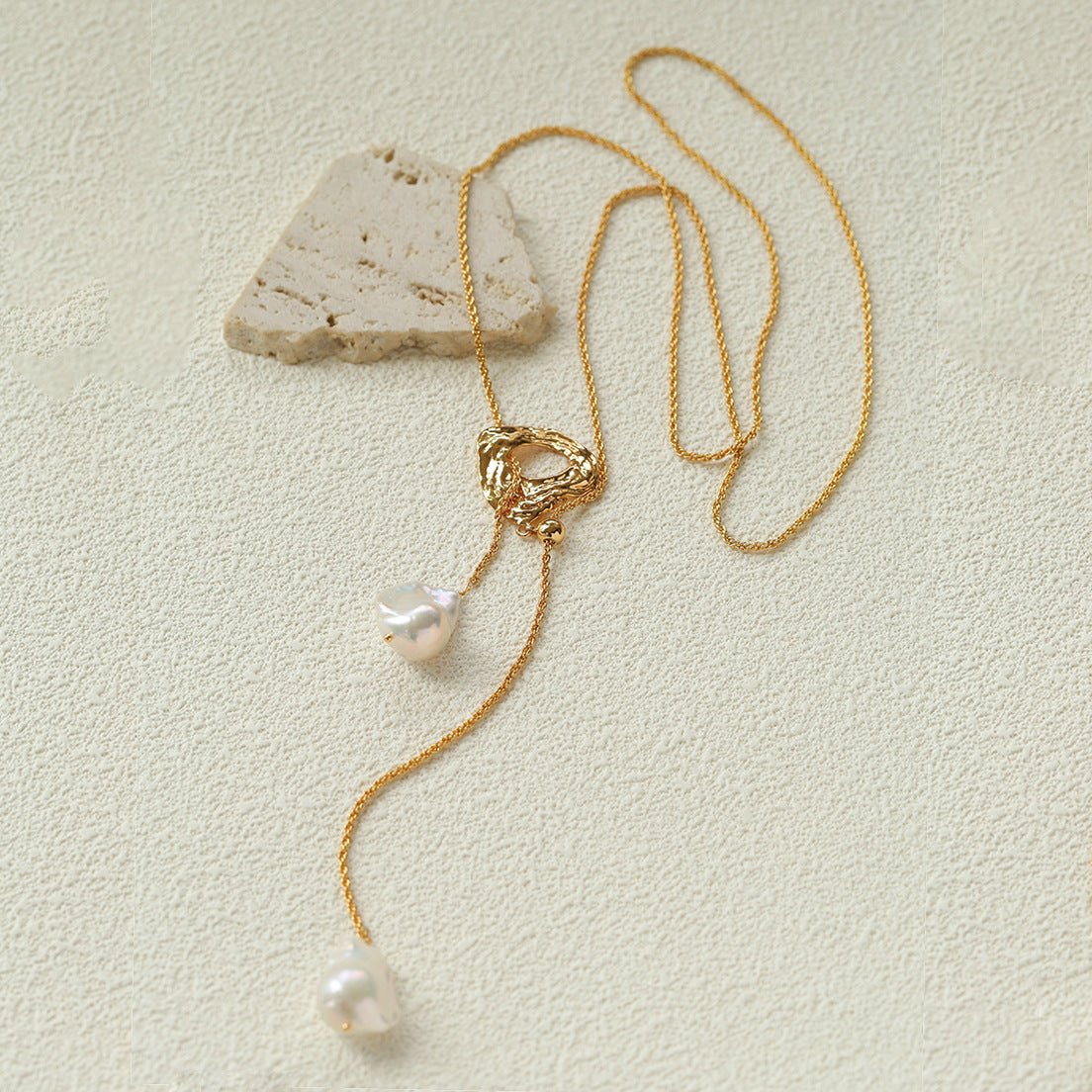 Adjustable Pull Texture Gold Hoop Double Baroque Pearl Y-Lariat Long Necklace - floysun