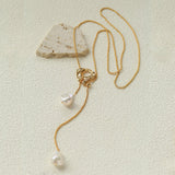 Adjustable Pull Texture Gold Hoop Double Baroque Pearl Y-Lariat Long Necklace - floysun