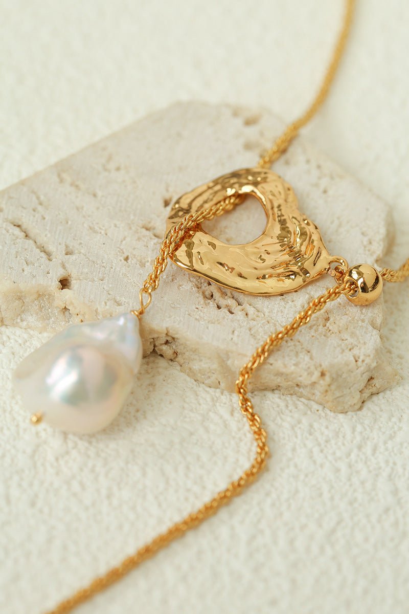 Adjustable Pull Texture Gold Hoop Double Baroque Pearl Y-Lariat Long Necklace - floysun
