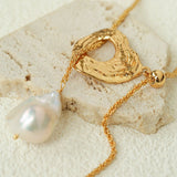 Adjustable Pull Texture Gold Hoop Double Baroque Pearl Y-Lariat Long Necklace - floysun