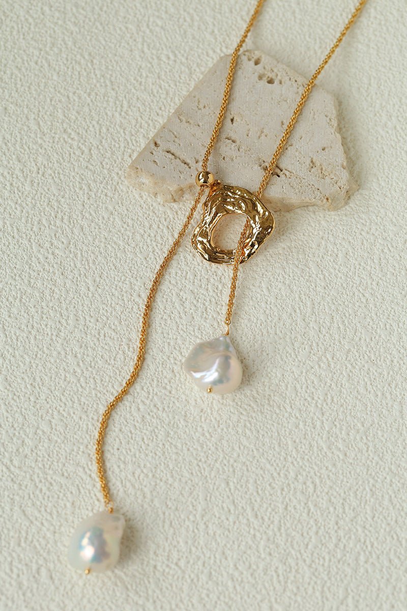 Adjustable Pull Texture Gold Hoop Double Baroque Pearl Y-Lariat Long Necklace - floysun