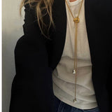 Adjustable Pull Texture Gold Hoop Double Baroque Pearl Y-Lariat Long Necklace - floysun