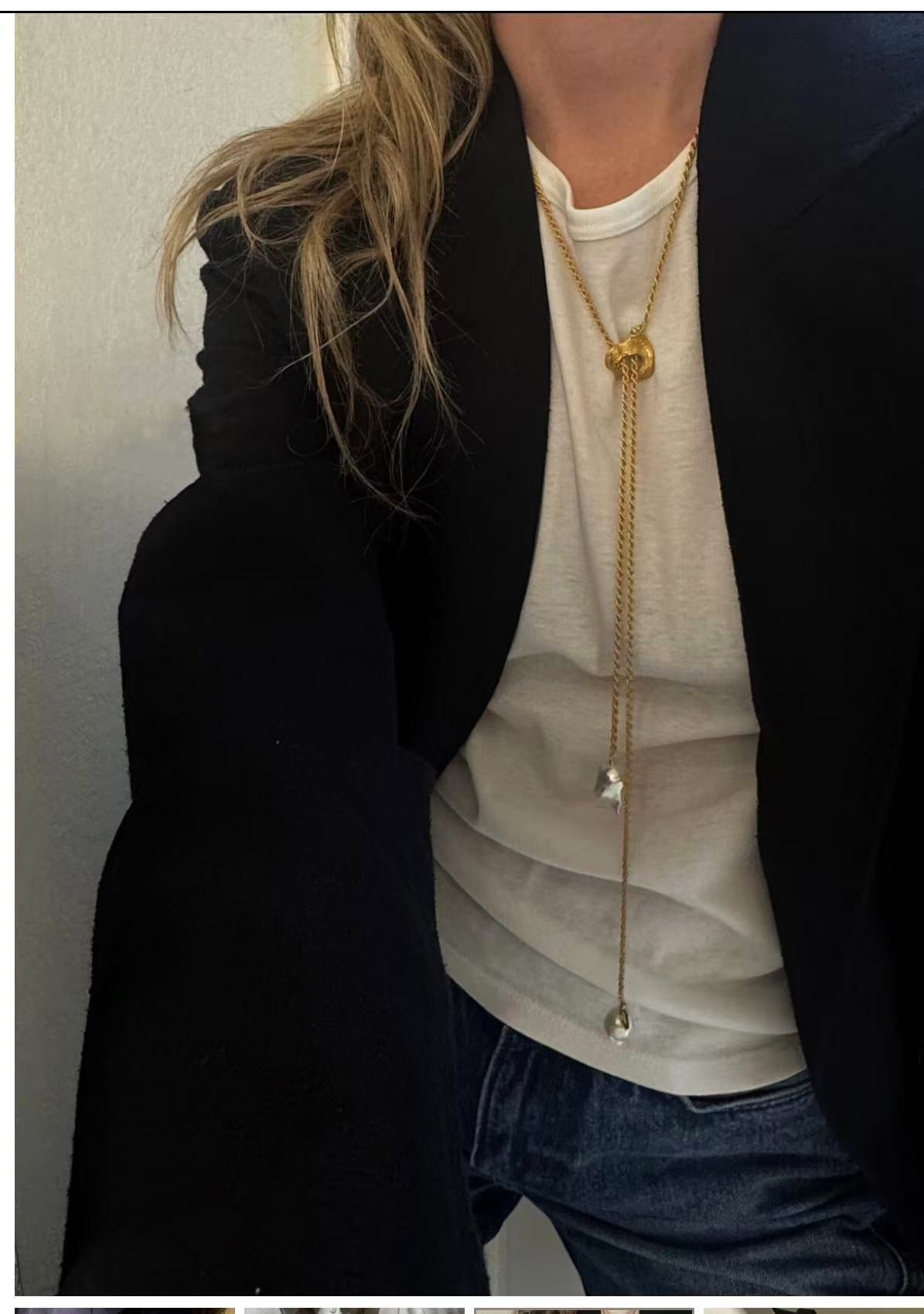 Adjustable Pull Texture Gold Hoop Double Baroque Pearl Y-Lariat Long Necklace - floysun