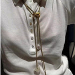 Adjustable Pull Texture Gold Hoop Double Baroque Pearl Y-Lariat Long Necklace - floysun