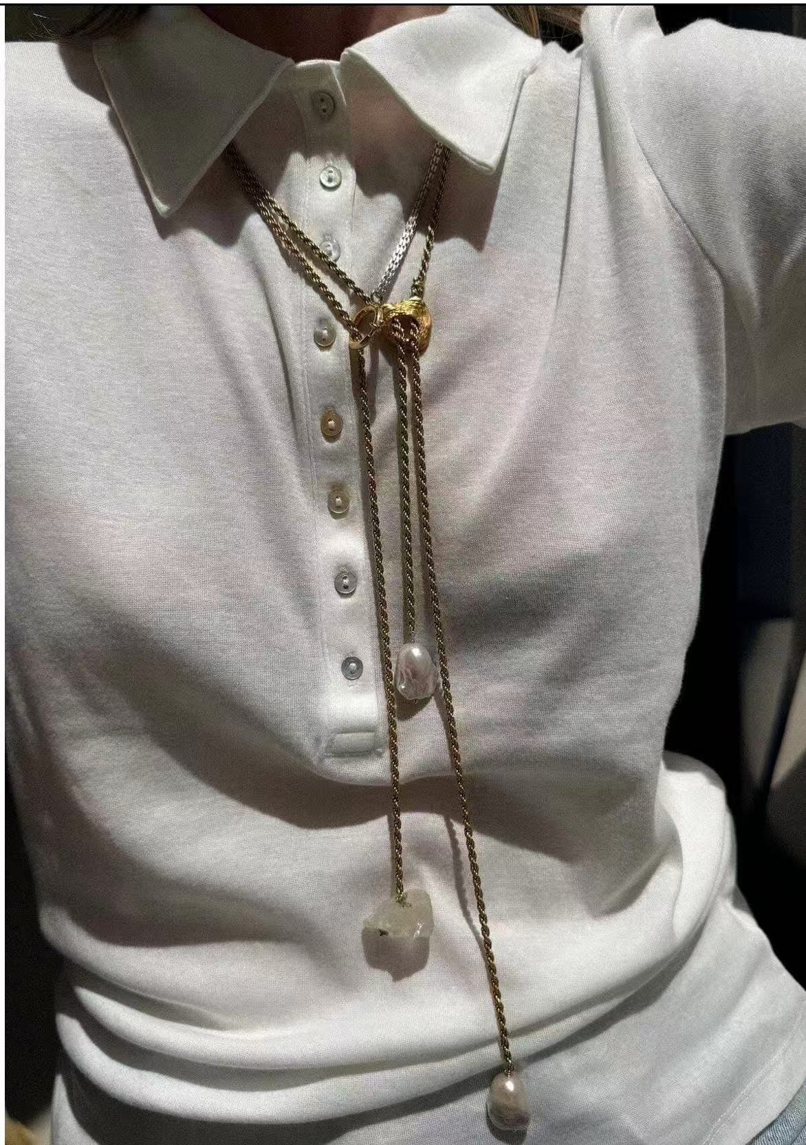 Adjustable Pull Texture Gold Hoop Double Baroque Pearl Y-Lariat Long Necklace - floysun