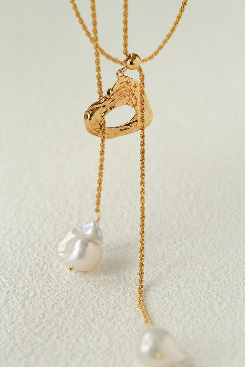 Adjustable Pull Texture Gold Hoop Double Baroque Pearl Y-Lariat Long Necklace - floysun
