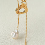 Adjustable Pull Texture Gold Hoop Double Baroque Pearl Y-Lariat Long Necklace - floysun