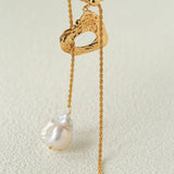 Adjustable Pull Texture Gold Hoop Double Baroque Pearl Y-Lariat Long Necklace - floysun