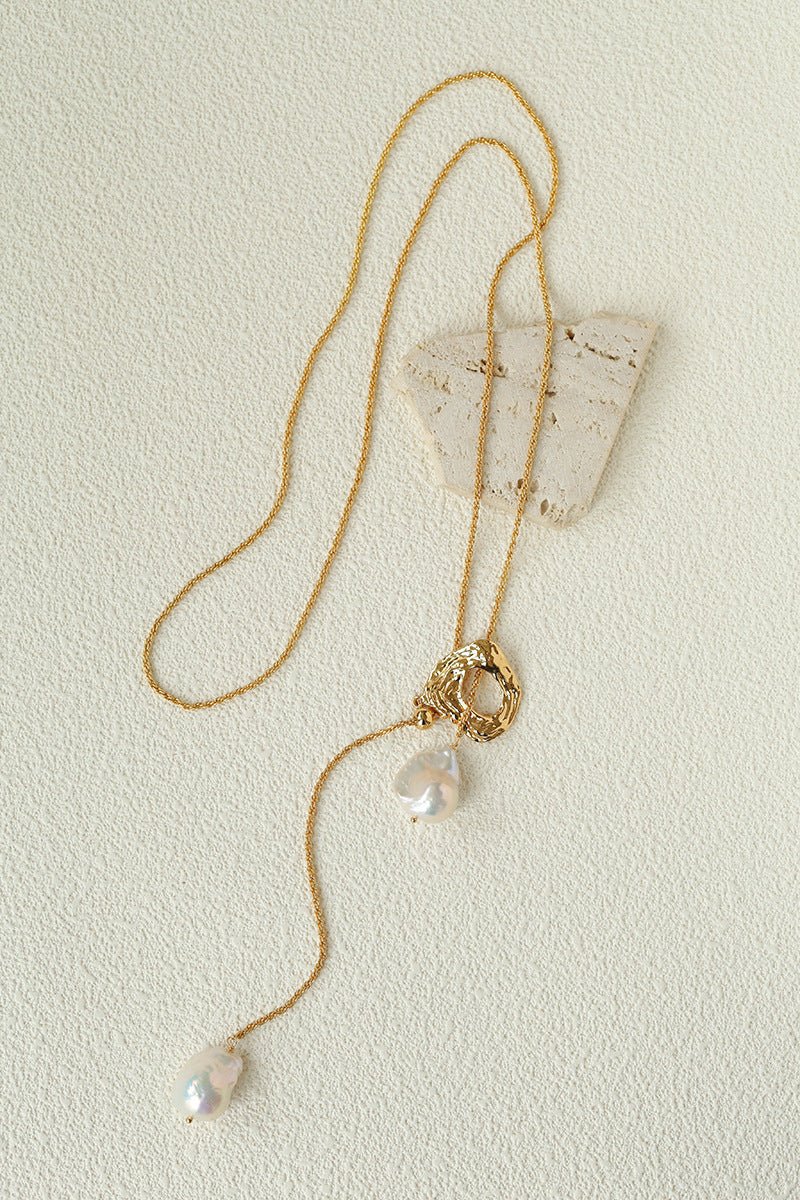 Adjustable Pull Texture Gold Hoop Double Baroque Pearl Y-Lariat Long Necklace - floysun