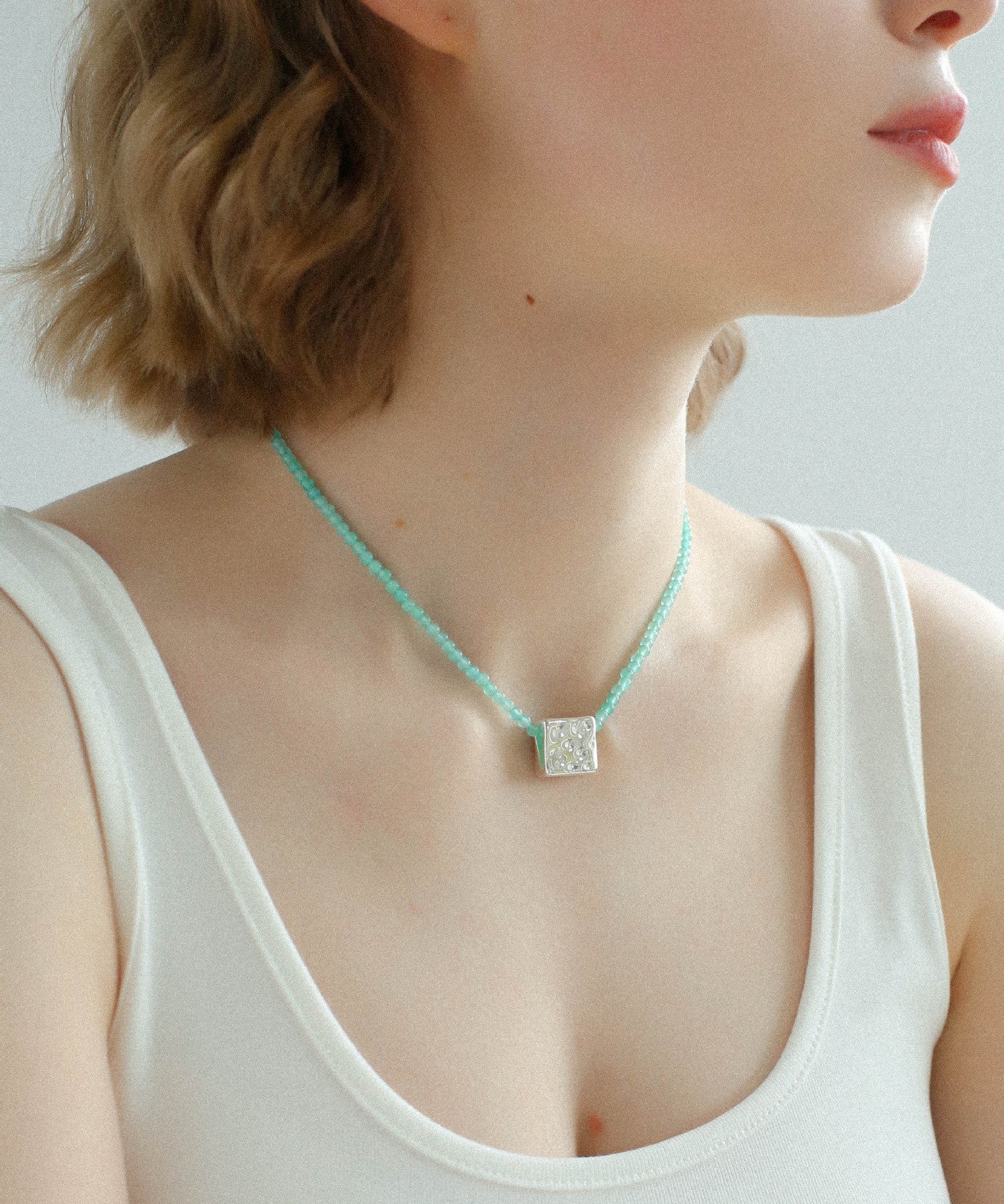 Amazonite Beaded Square Pendant Necklace - floysun