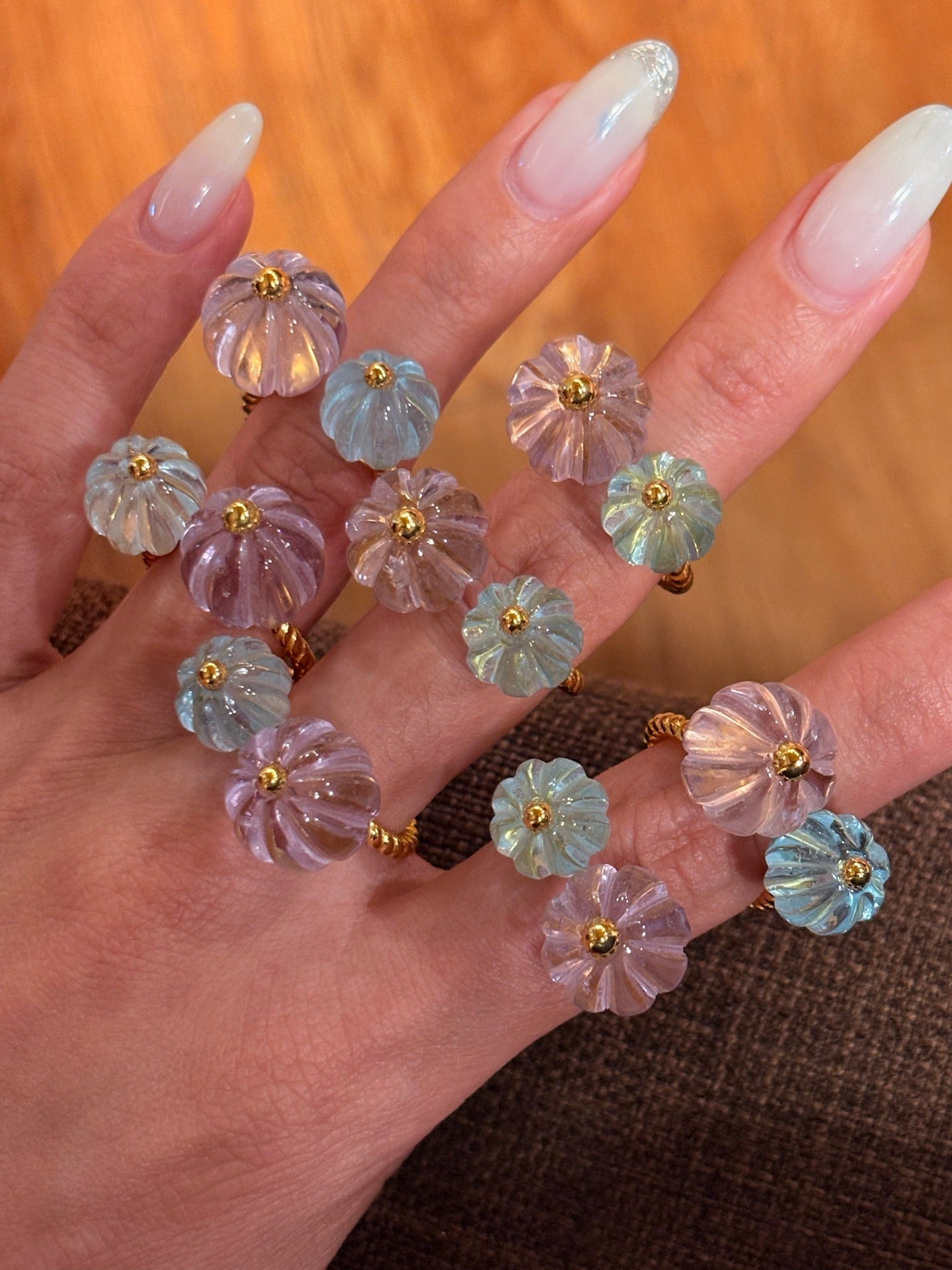 Amethyst and Blue Topaz Pumpkin Bead Twisted Open Ring - floysun
