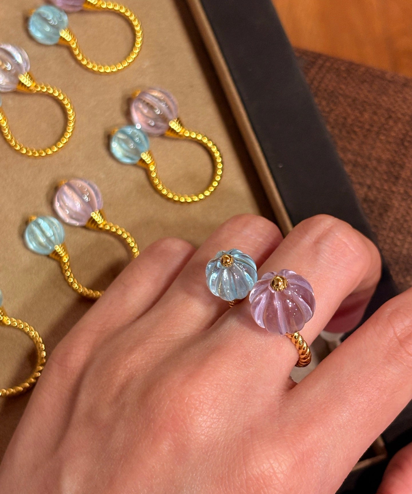 Amethyst and Blue Topaz Pumpkin Bead Twisted Open Ring - floysun