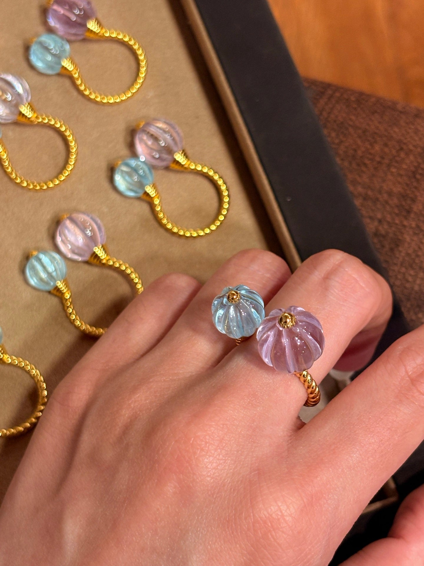 Amethyst and Blue Topaz Pumpkin Bead Twisted Open Ring - floysun
